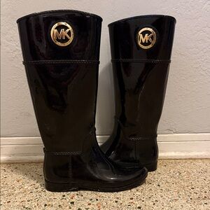 Michael Kors Black Patent Knee-High Rain Boots with Gold MK Medallions